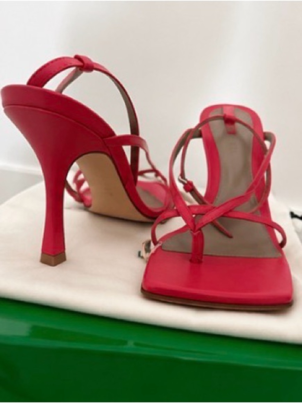 Bottega Veneta Pink-Red Strappy Square-Toe Heels - Picture 3 of 5
